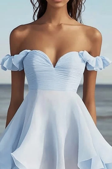 Off The Shoulder Blue A Line Graduation Dress with Ruffles
